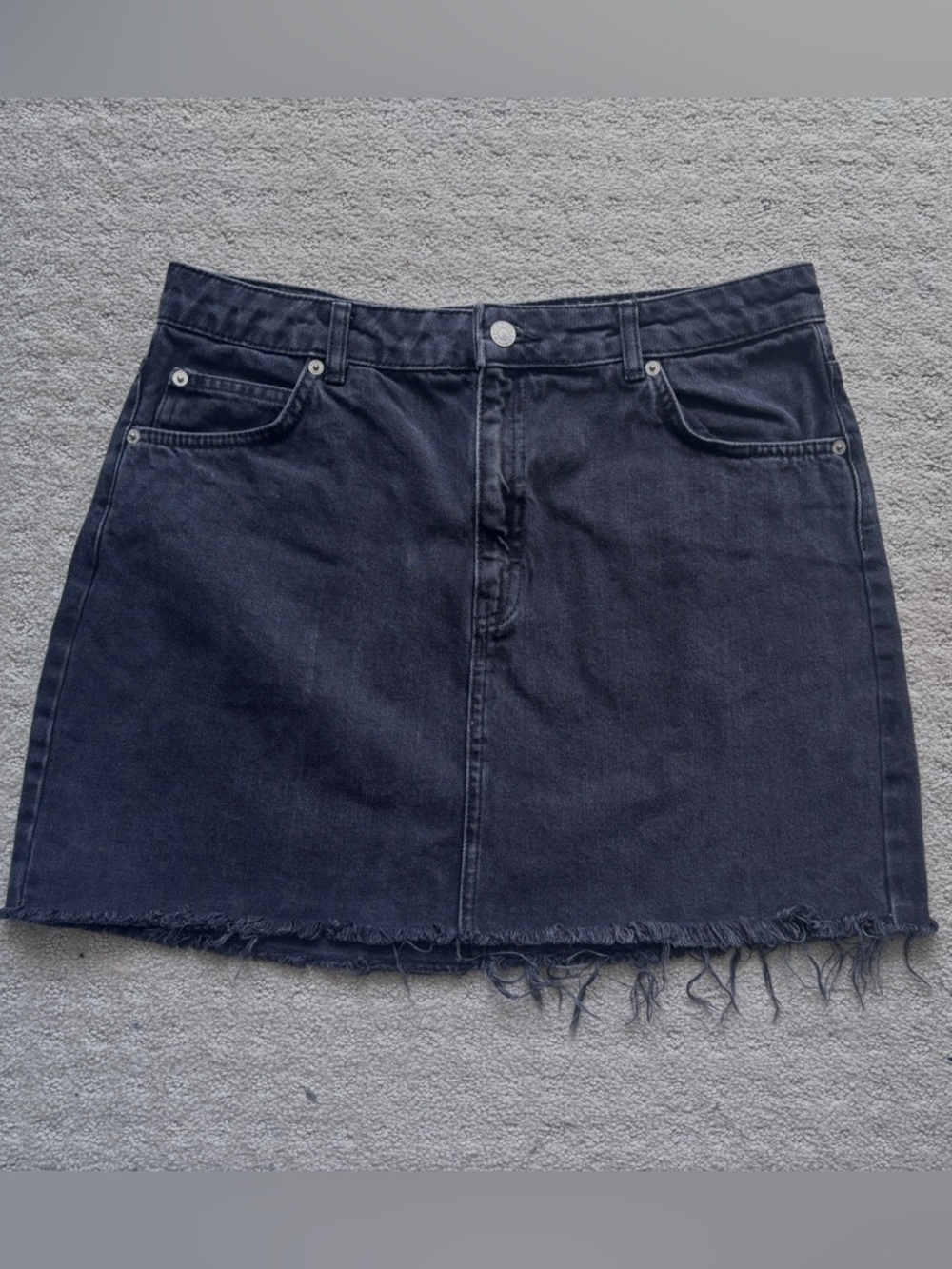 Topshop Black Denim Mini Skirt with Frayed Hem, Size 10
